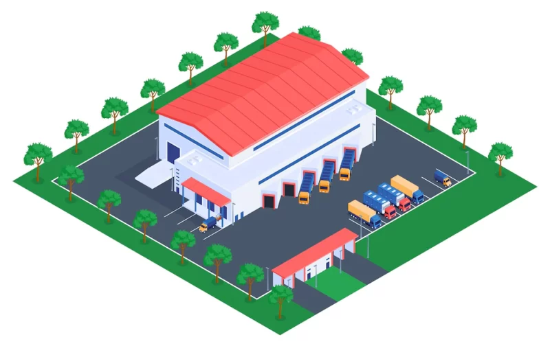 Isometric logistic composition with view of warehouse building with surrounding area and parking with cargo trucks illustration Free Vector