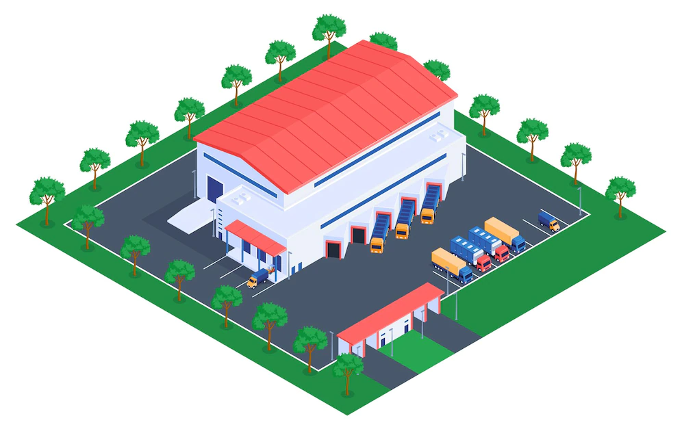 Isometric Logistic Composition With View Warehouse Building With Surrounding Area Parking With Cargo Trucks Illustration 1284 65213