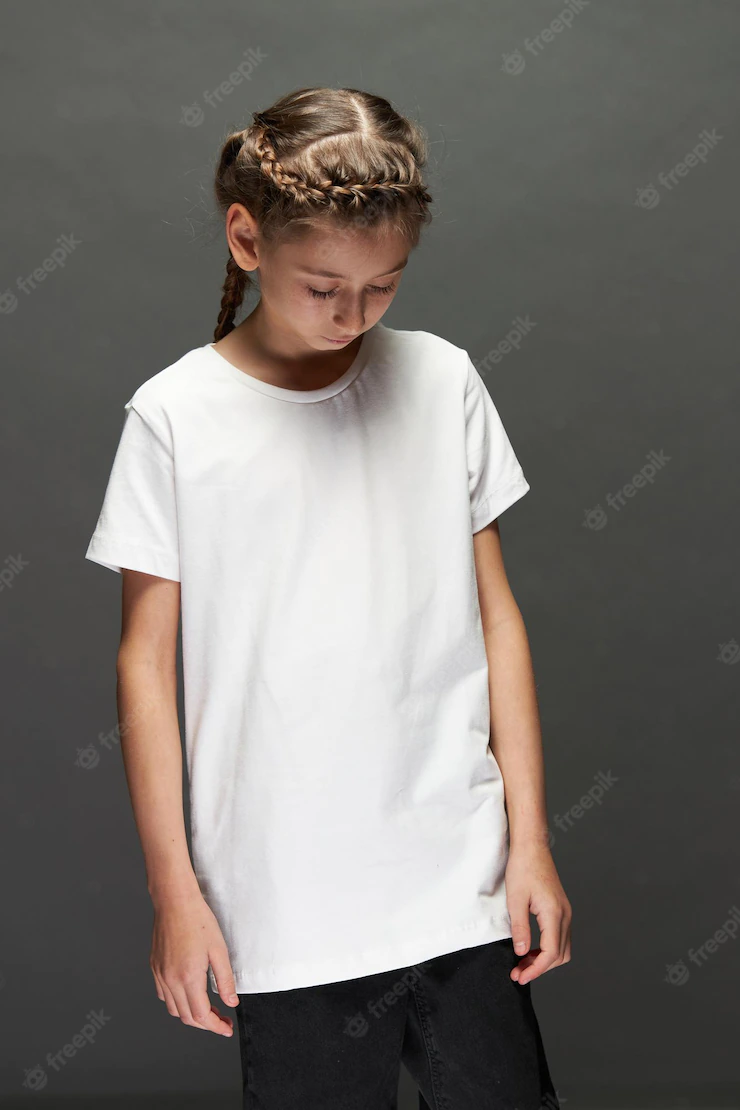 Kid Girl Wearing White T Shirt With Space Your Logo Design Studio Gray Background 174699 1608