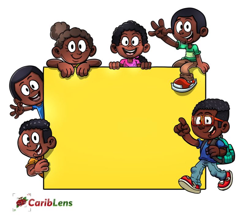 Cartoon African black children standing beside and around Big Blank banner