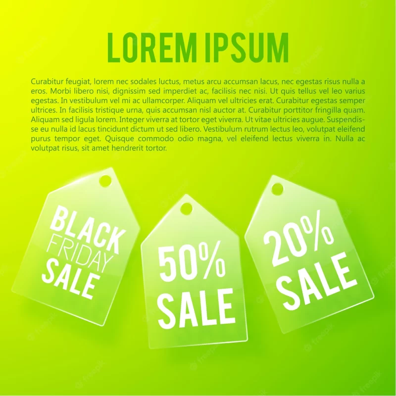 Light advertising sale concept with glass price tags inscriptions and percent rates on green. Free Vector