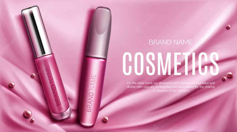 Lip gloss and mascara tubes promo banner Free Vector