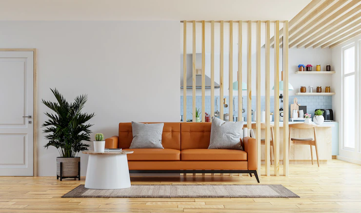 Living Room Interior Wall Mockup Warm Tones With Leather Sofa Which Is Kitchen 3d Rendering 41470 3753