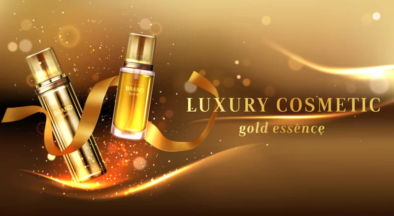 Luxury cosmetic products with golden glitter and ribbon Free Vector