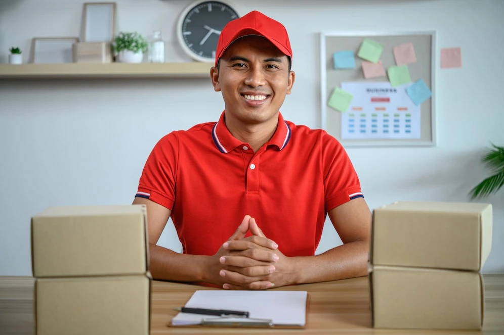 Male Employee Authenticates Customers Deliver Parcels Office 1150 52114