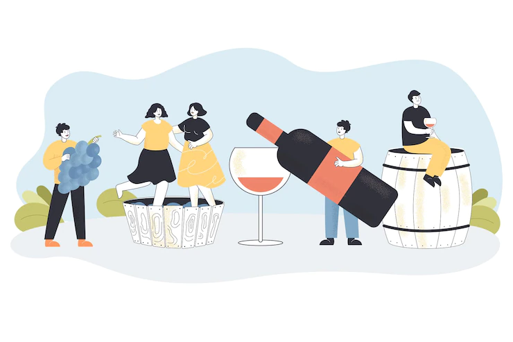 Male Female Characters Producing Wine Holding Vine Sitting Barrel Having Alcohol Drink Cartoon People Process Natural Winemaking Flat Vector Illustration Organic Wine Concept 74855 21206