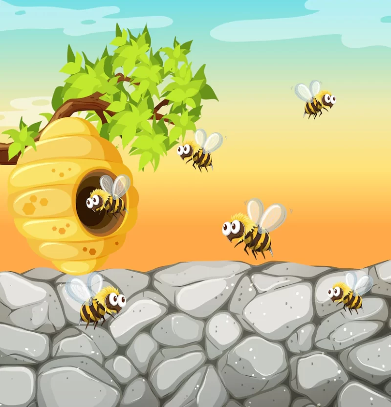 Many bees living in the garden scene with honeycomb Free Vector