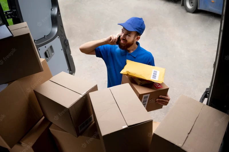Medium shot delivery man with boxes Free Photo