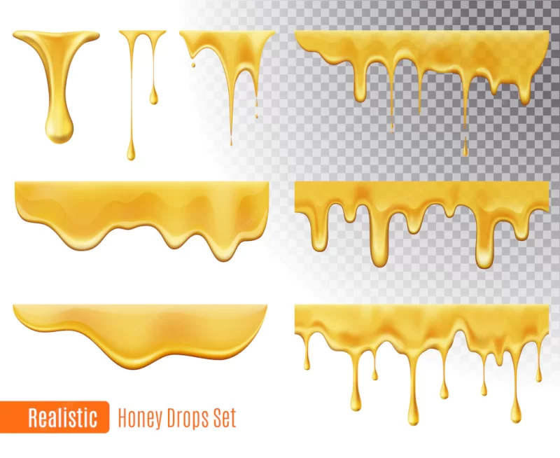 Melting honey drops realistic transparent set Free Vector