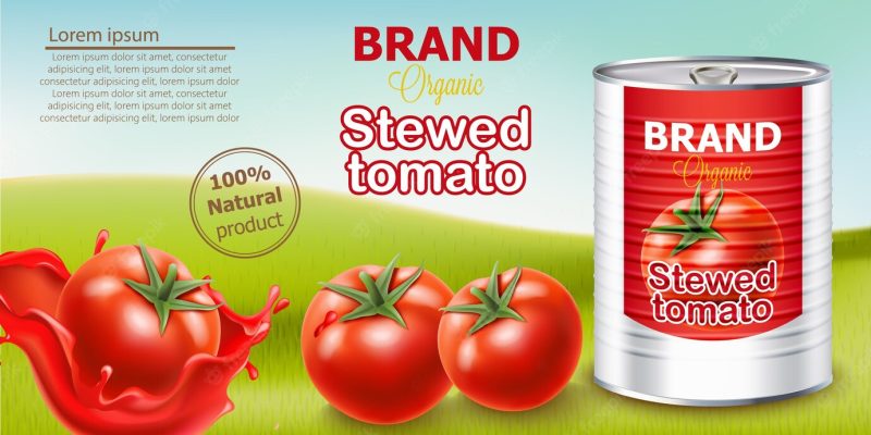 Metallic can standing on meadow surrounded by tomatoes Free Vector