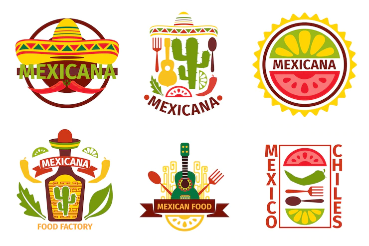 Mexican Food Logo Labels Emblems Badges Set Sombrero Tequila Bottle Guitar Element Vector Illustration Mexican Food Vector Badges Mexican Food Vector Labels 1284 42362