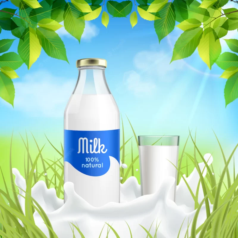 Milk bottle and glass in the nature Free Vector