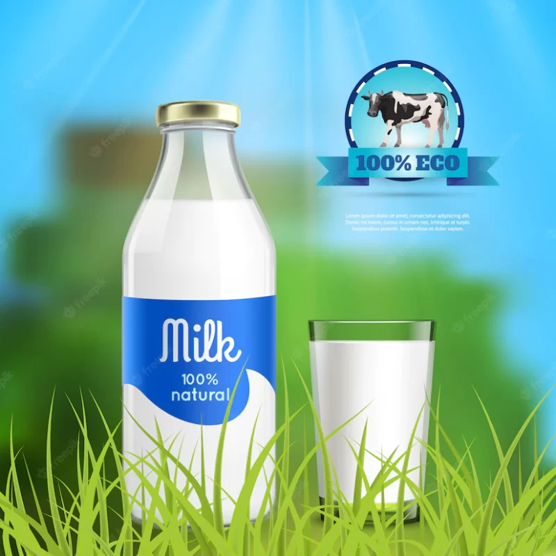 Milk bottle and glass in the nature Free Vector