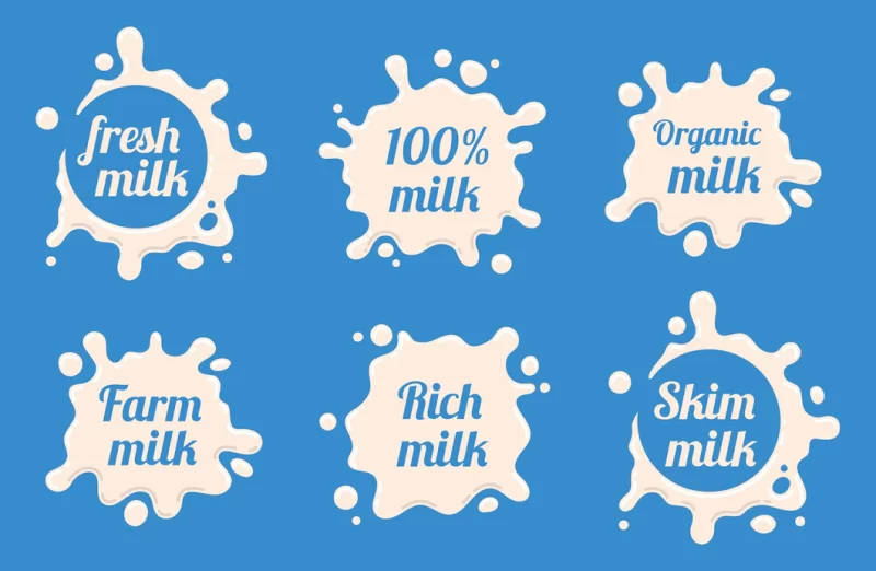 Milk labels set. splash and blot design, shape creative Free Vector