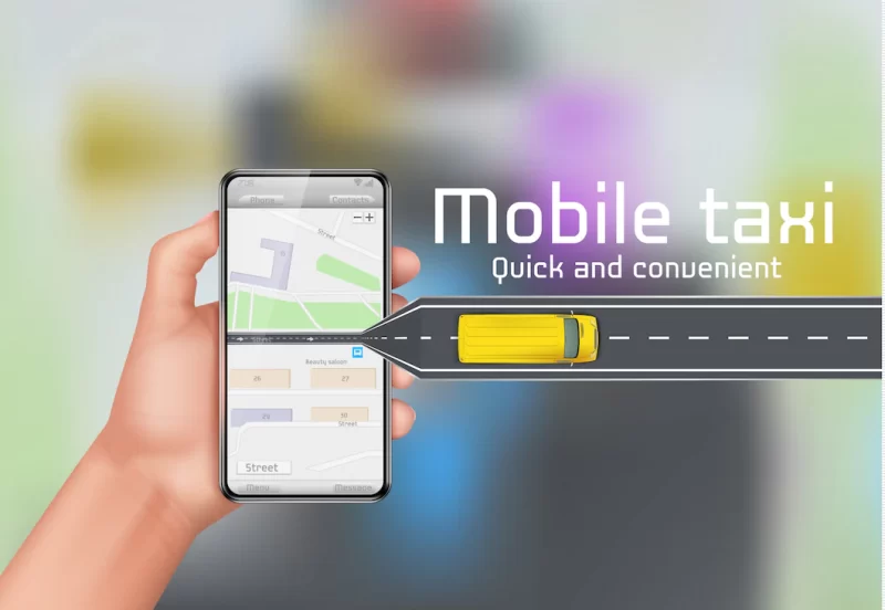 Mobile taxi concept background. human hand holding smartphone with city map Free Vector