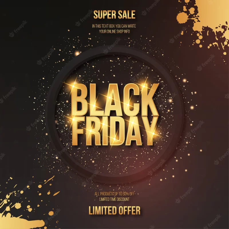 Modern black friday golden sale with text effect and splash frame Free Vector