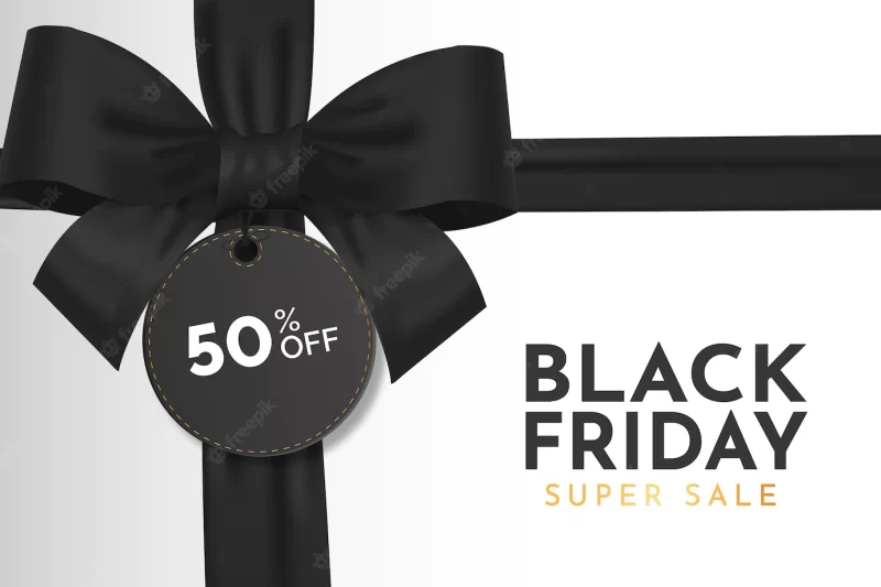 Modern black friday sale with realistic black ribbon Free Vector