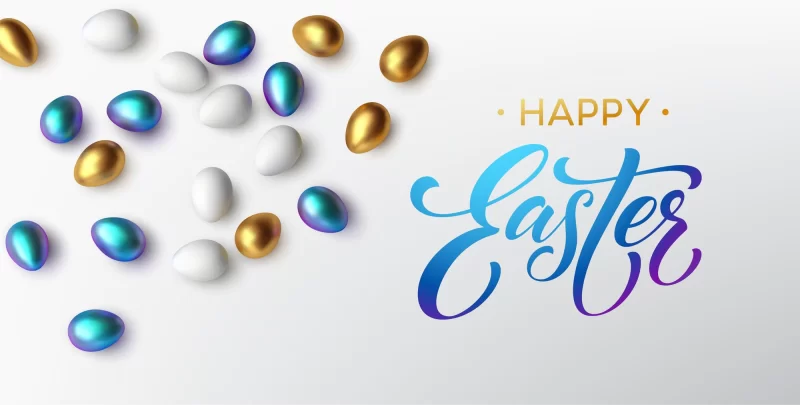 Golden metallic typography happy Easter on a background of Easter eggs