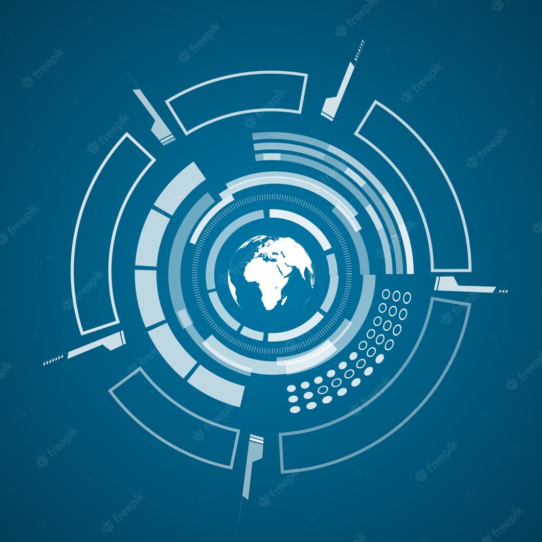 Modern Virtual Technology Poster With Image White Colored World Map Different Technological Elements Shapes Dark Blue 1284 49180