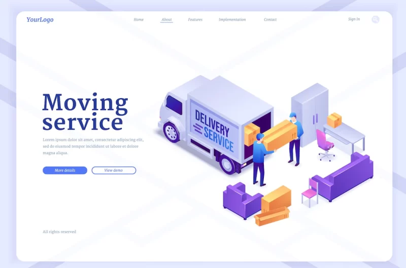 Moving service banner with workers unload van with furniture and boxes vector landing pag