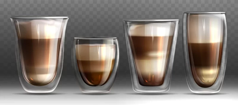 Mug full of latte or cappuccino with milk and foam. different shapes glass cups with hot coffee F