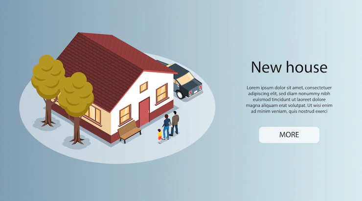 New Home City Isometric Horizontal Real Estate Agents Website Banner With Family House Sale 1284 32078