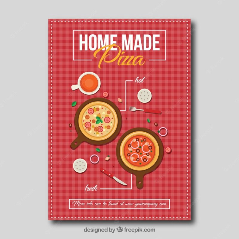 Nice pizzas brochure with tablecloth Free Vector