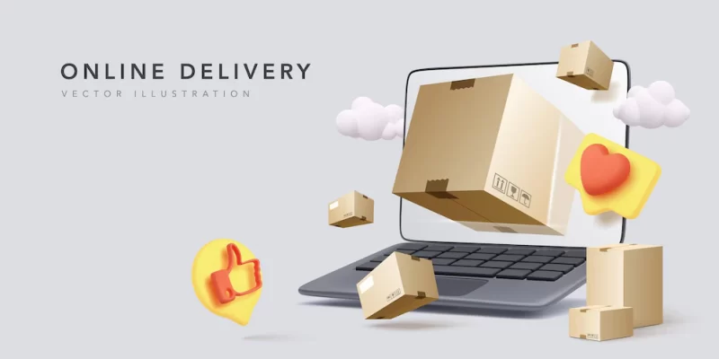 Online delivery banner with realistic laptop, parcels, clouds, and social icons in realistic style. Free Vector