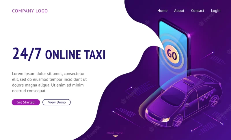 Online taxi 24 7 isometric landing page web banner Free Vector