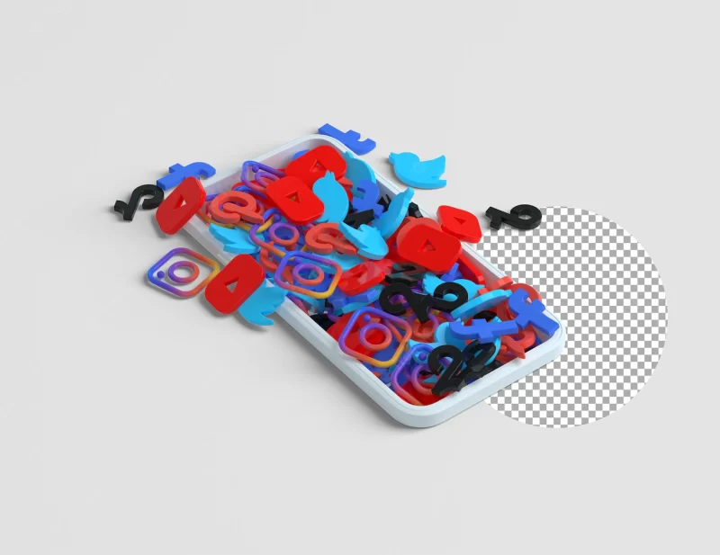 Pile of popular 3d social media icons coming out of phone Free Psd