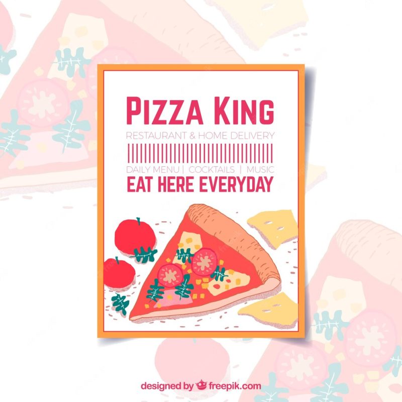 Pizza brochure with text “eat here everyday” Free Vector