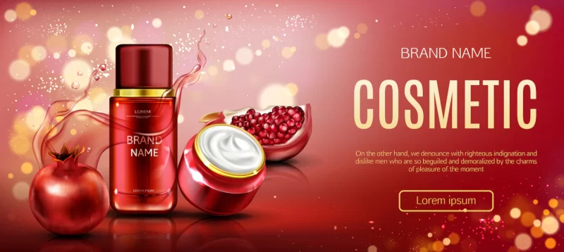 Pomegranate cosmetic bottles beauty banner Free Vector