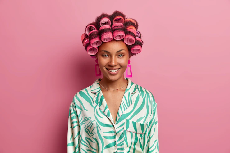 Portrait Pleasant Looking Young Wearing Hair Curlers Casual Silk Dressing Gown 273609 48202