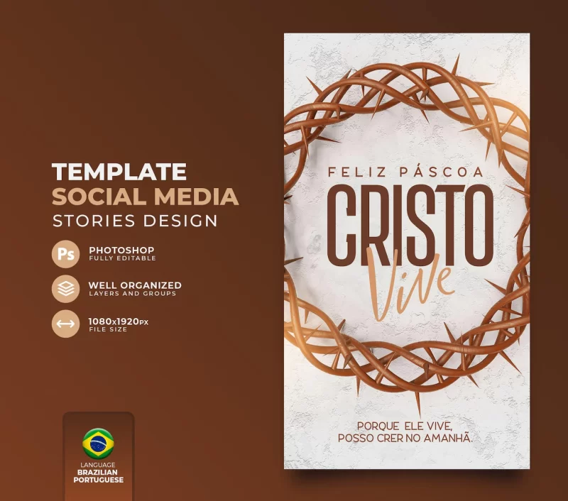 Social media flyer happy Easter for Christianity in Portuguese 3d render Free PSD