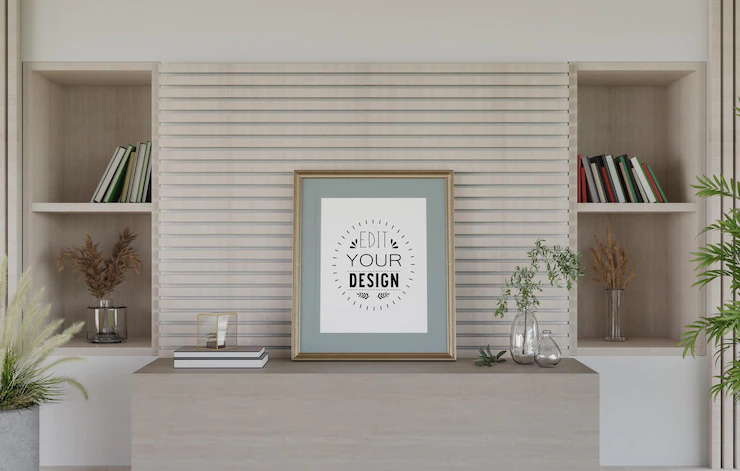 Poster frame in living room psd mockup Free Psd