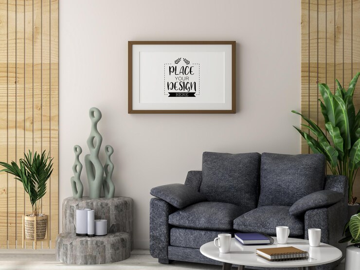 Poster frame in living room psd mockup Free Psd