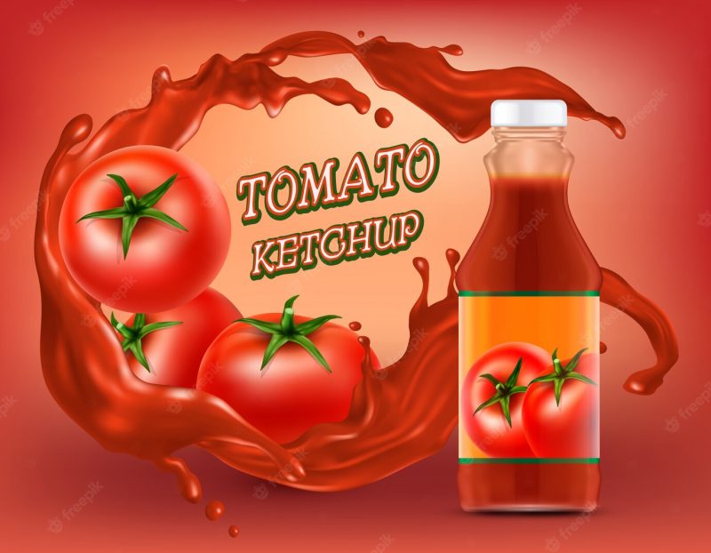 Poster of ketchup in plastic or glass bottle with splashing of shredded tomato Free Vector