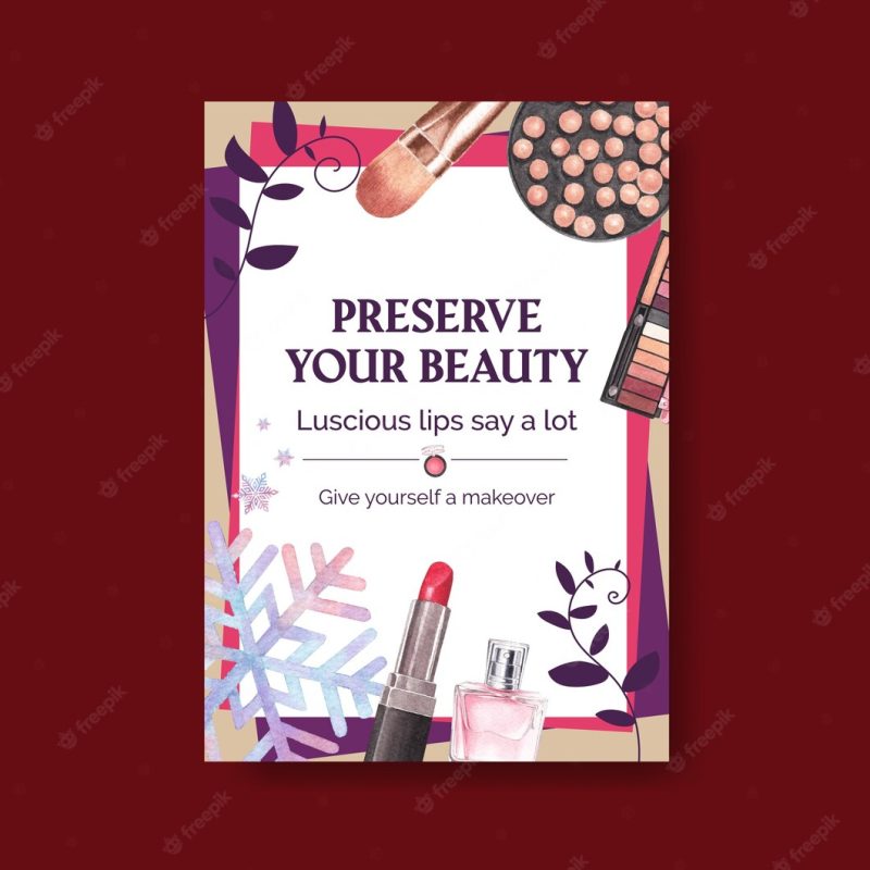 Poster template with makeup concept design for brochure and leaflet watercolor. Free Vector