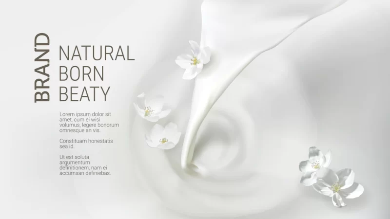Poster with pouring milk, falling jasmine flower Free Vector