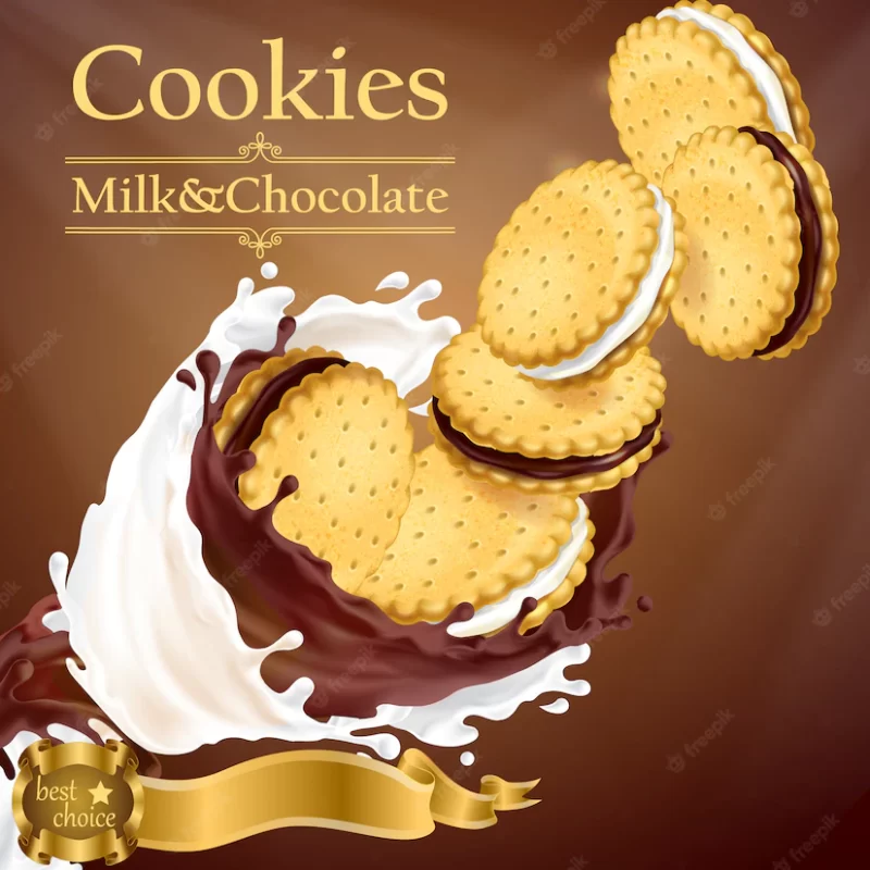 Promotion banner with realistic cookies flying in milk and chocolate splashes Free Vector