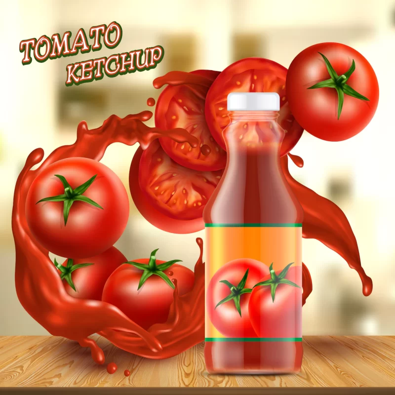 Promotion banner with realistic glass bottle of ketchup, with splashes of red sauce Free Vector