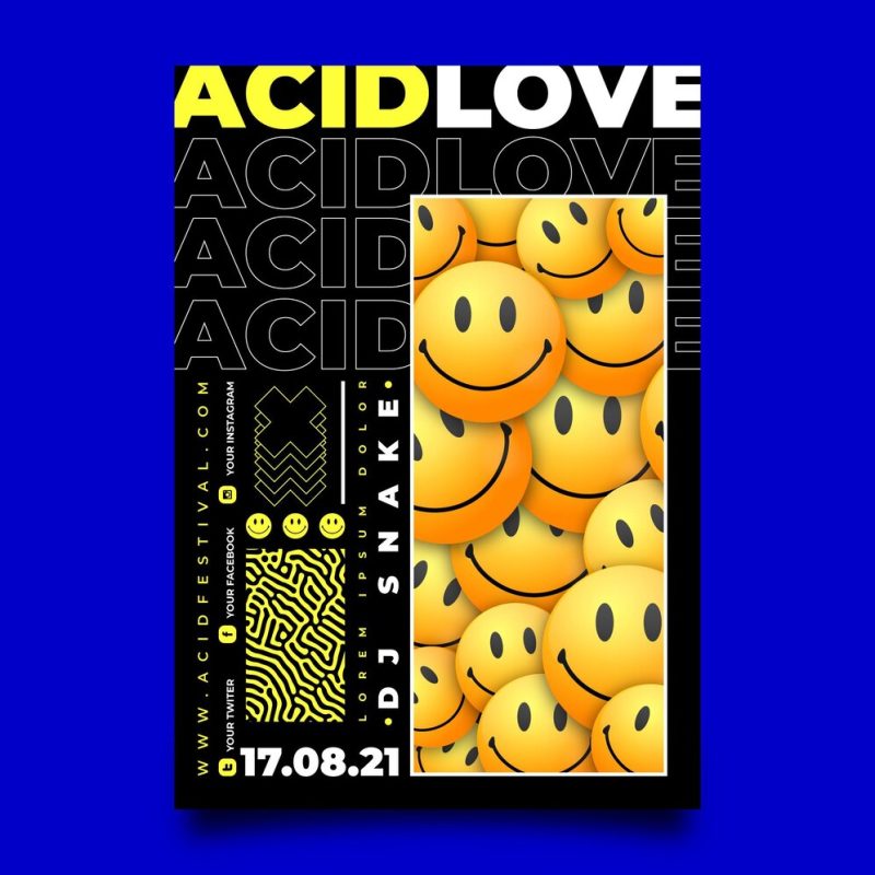 Realistic acid emoji poster Free Vector