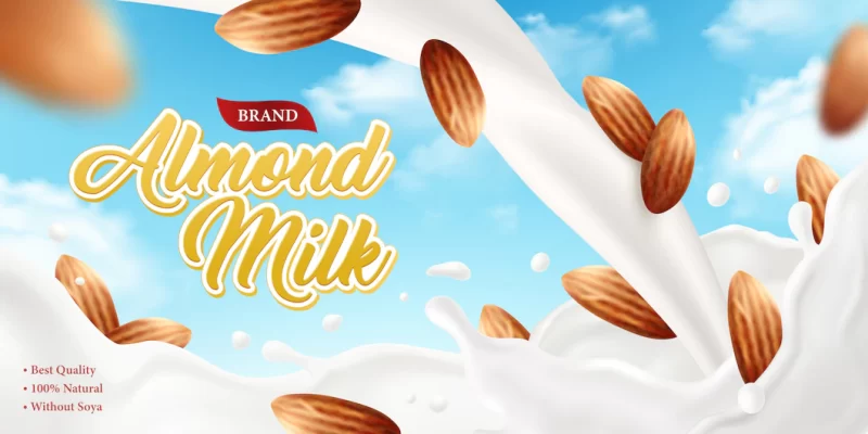 Realistic almond milk poster ad background with ornate brand text and composition of sky and nu