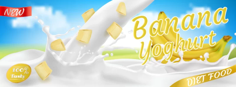 Realistic banana bunch in yogurt, package. yellow fruit with splashing drops. Free Vector