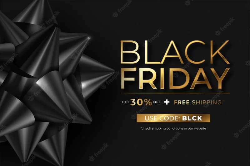 Realistic black friday banner with black bow and golden text Free Vector