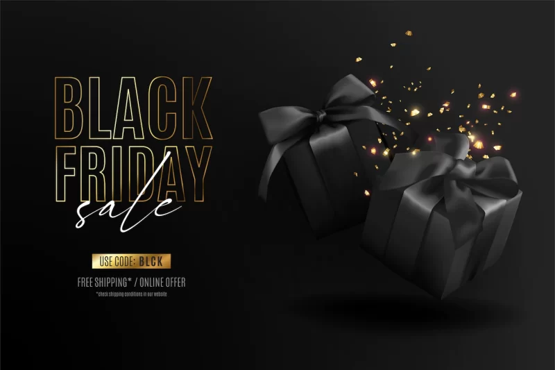 Realistic black friday banner with presents and confetti Free Vector