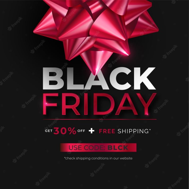 Realistic black Friday banner with red bow Free Vector