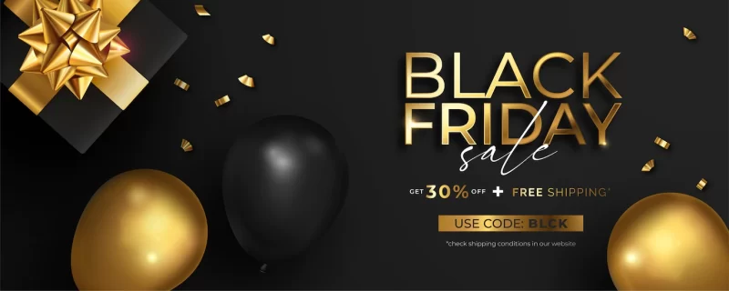 Realistic black friday sale banner in black and golden Free Vector