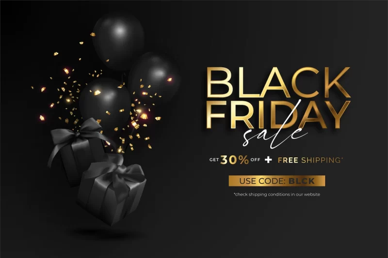 Realistic black friday sale banner with gifts and balloons Free Vector