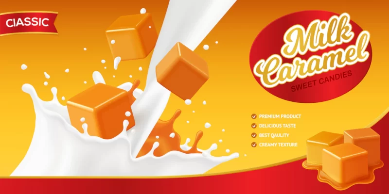 Realistic caramel poster composition with editable brand name and images of milk splashes and ca